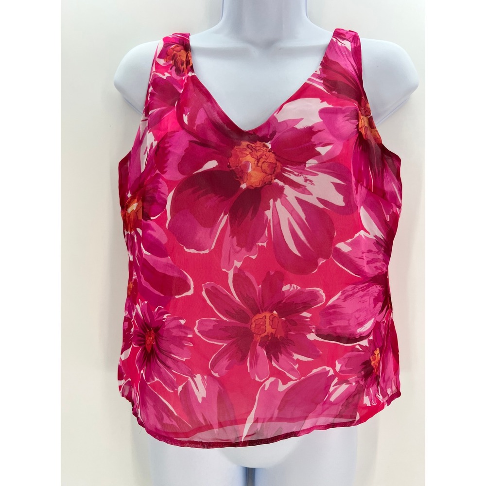Virgo Petite Pink Floral V-Neck Top Size 6P Romantic Chiffon Sleeveless Shell
